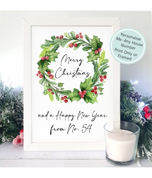 Personalised Merry Christmas From Our Home Wreath Print