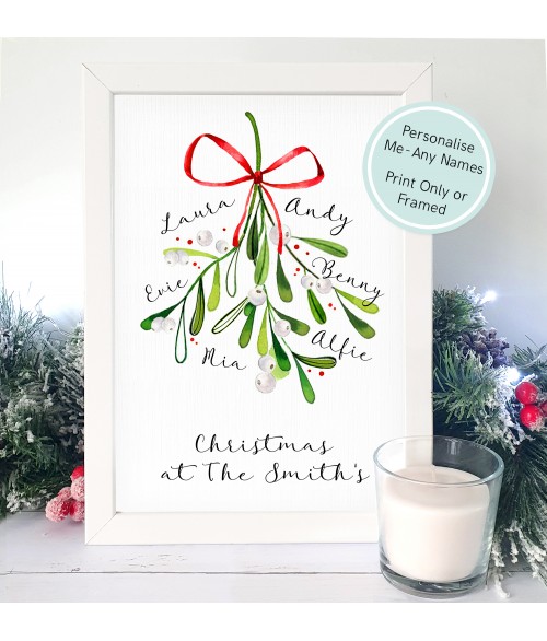 Personalised Christmas Family Names Mistletoe Print