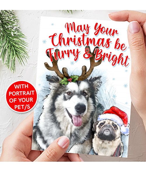 Pet Illustration Christmas Card - Furry and Bright
