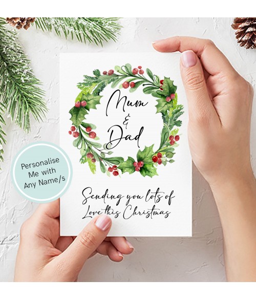 Personalised Wreath Christmas Card with Any Name/s
